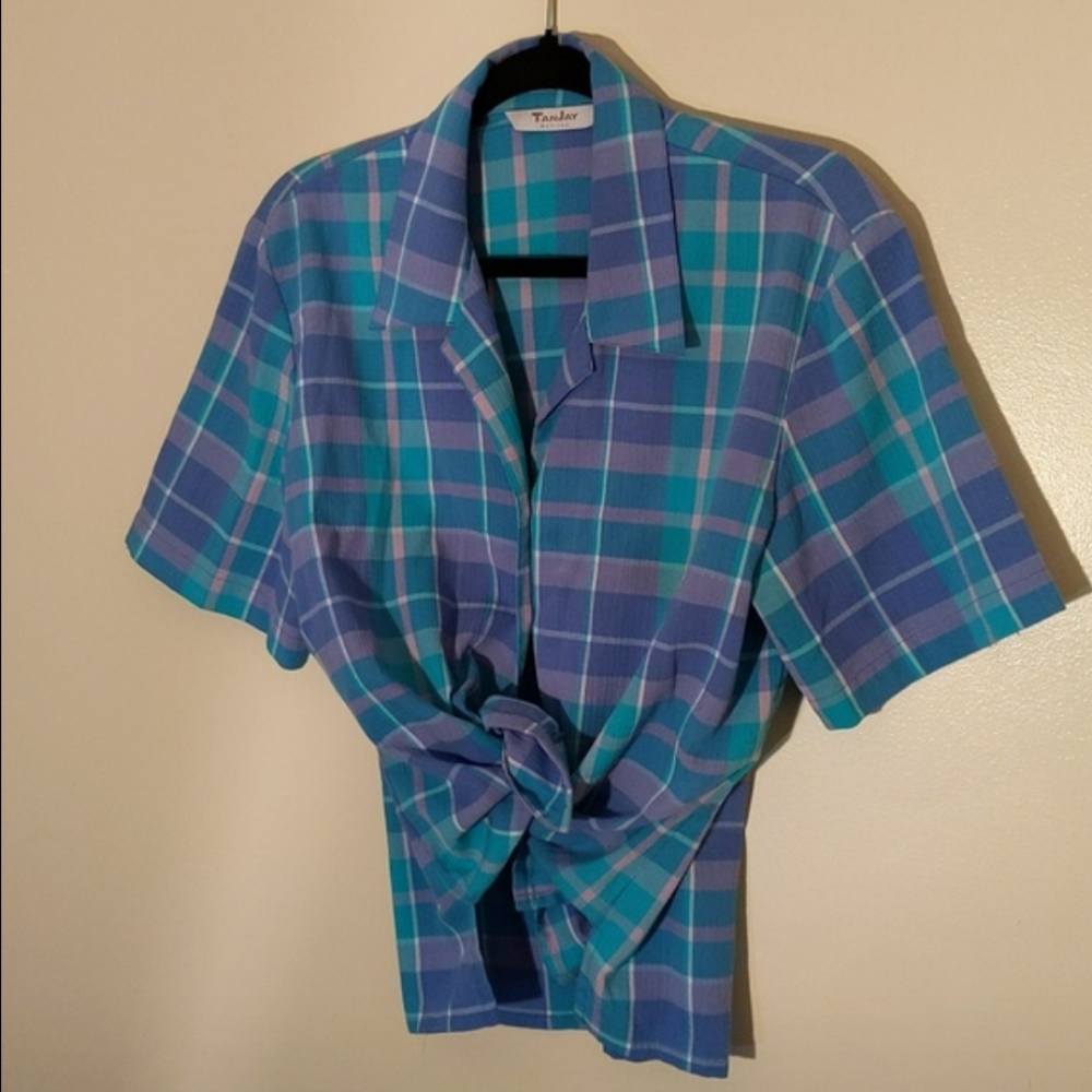 Tanjay| Petites Vintage Blue And Purple Plaid Short sleeve Button Up Shirt